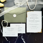 Load image into Gallery viewer, Wedding invitation suite with RSVP and details card - Gold foil details - sage green wedding invitation set with custom seal &#39;Jazmin&#39; SAMPLE-IS-046
