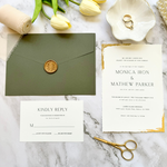 Load image into Gallery viewer, Elegant Wedding Invitation Set with Trendy gold foil wavy cut-edged design, Green Envelope with Custom wax seal, with RSVP and Details card-IS-044
