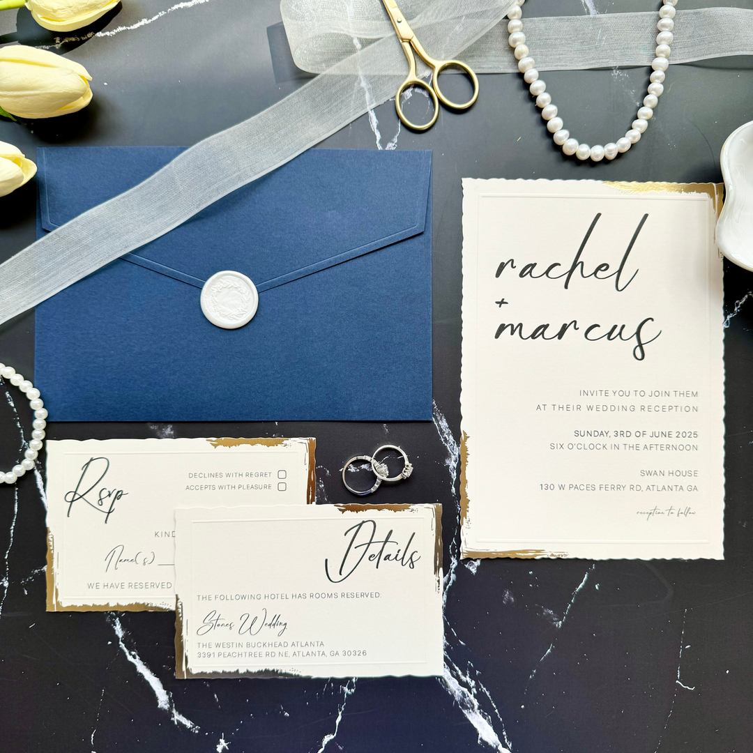 Wedding invitation set with Navy blue envelope, RSVP, Detail Card, and Wax Seal-IS-053