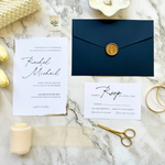 Load image into Gallery viewer, Wedding invitation suite with RSVP and details card - Gold foil details - full navy wedding invitation set with custom seal &#39;Salsa&#39; SAMPLE-IS-052
