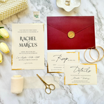 Load image into Gallery viewer, Wedding Invitation Card Set with Gold Foil wavy-cut edge design- Classic Invite Suite with Burgundy Envelope- with RSVP and Details Card-IS-048
