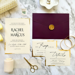 Load image into Gallery viewer, Wedding Invitation Card Set with Timeless Gold Foil edge design- Classic Invite Suite with Plum Purple Envelope- with RSVP and Details Card-IS-049
