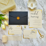 Load image into Gallery viewer, Custom Wedding Invitation Set with Gold Foil wavy-cut edge design- Trendy Invite Suite with Black Envelope- with RSVP and Details Card-IS-047
