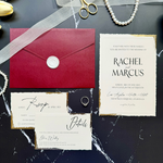 Load image into Gallery viewer, Wedding invite card set with an elegant design, wax seal, Burgundy invitation envelope, RSVP, and details card-IS-050
