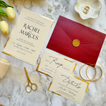 Load image into Gallery viewer, Wedding Invitation Card Set with Gold Foil wavy-cut edge design- Classic Invite Suite with Burgundy Envelope- with RSVP and Details Card-IS-048
