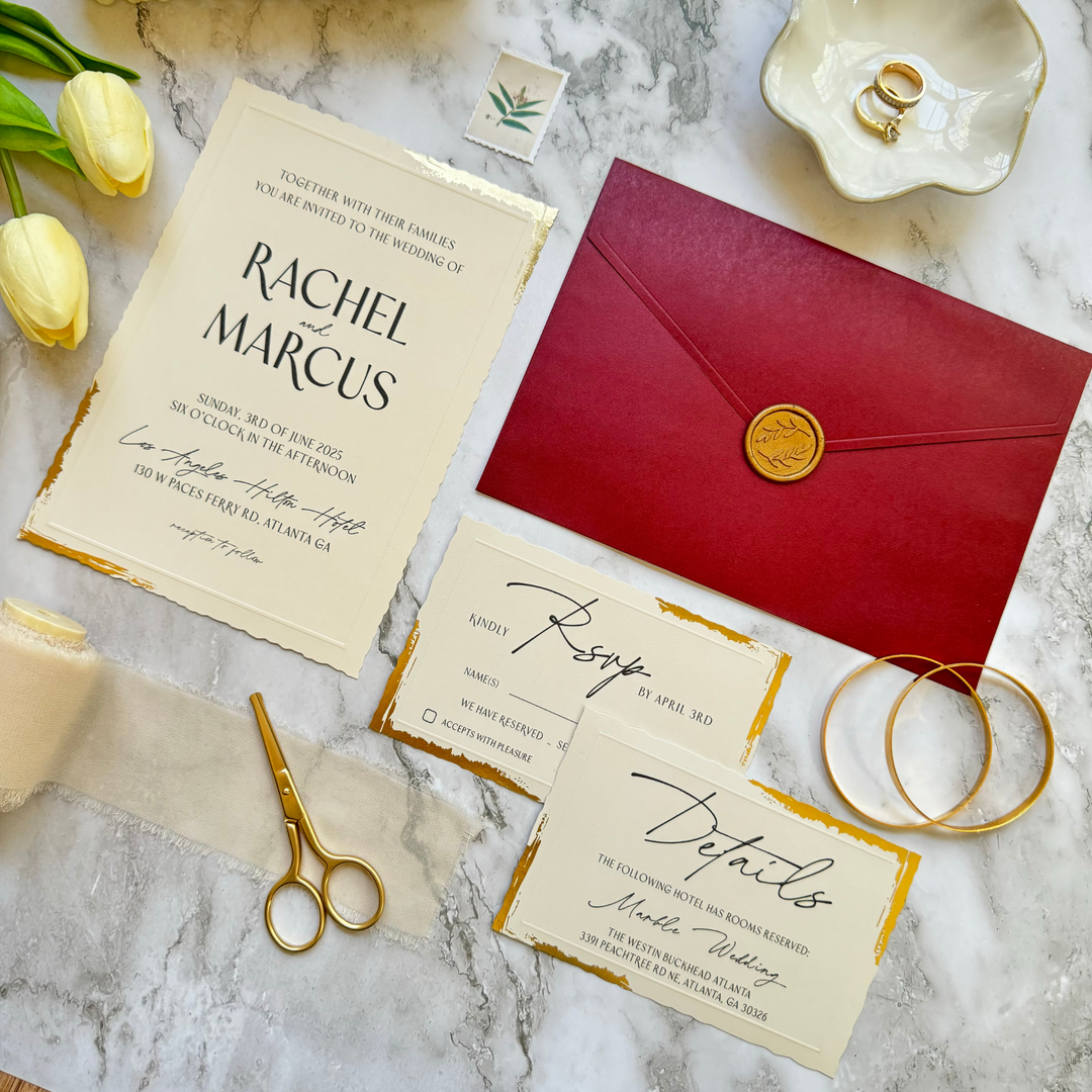 Wedding Invitation Card Set with Gold Foil wavy-cut edge design- Classic Invite Suite with Burgundy Envelope- with RSVP and Details Card-IS-048