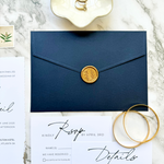 Load image into Gallery viewer, Wedding invitation suite with RSVP and details card - Gold foil details - full navy wedding invitation set with custom seal &#39;Salsa&#39; SAMPLE-IS-052
