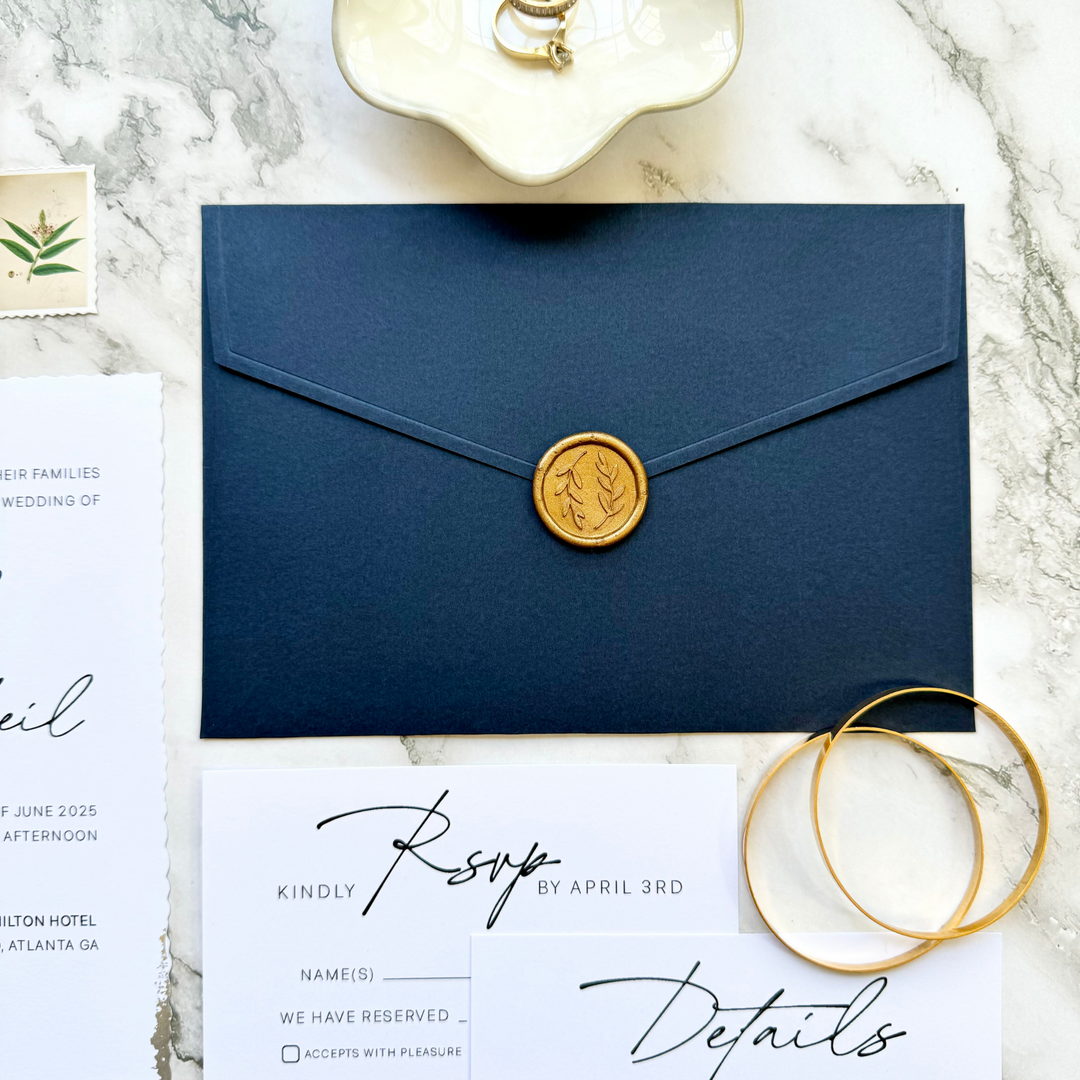 Wedding invitation suite with RSVP and details card - Gold foil details - full navy wedding invitation set with custom seal 'Salsa' SAMPLE-IS-052