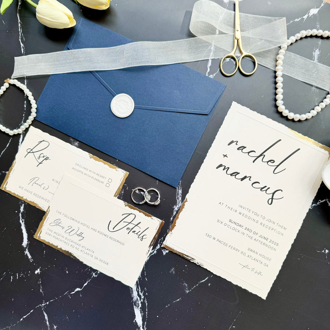 Wedding invitation set with Navy blue envelope, RSVP, Detail Card, and Wax Seal-IS-053