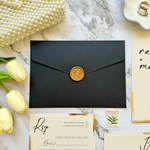 Load image into Gallery viewer, Custom Wedding Invitation Set with Gold Foil wavy-cut edge design- Trendy Invite Suite with Black Envelope- with RSVP and Details Card-IS-047
