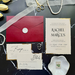 Load image into Gallery viewer, Wedding invite card set with an elegant design, wax seal, Burgundy invitation envelope, RSVP, and details card-IS-050
