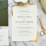 Load image into Gallery viewer, Elegant Wedding Invitation Set with Trendy gold foil wavy cut-edged design, Green Envelope with Custom wax seal, with RSVP and Details card-IS-044
