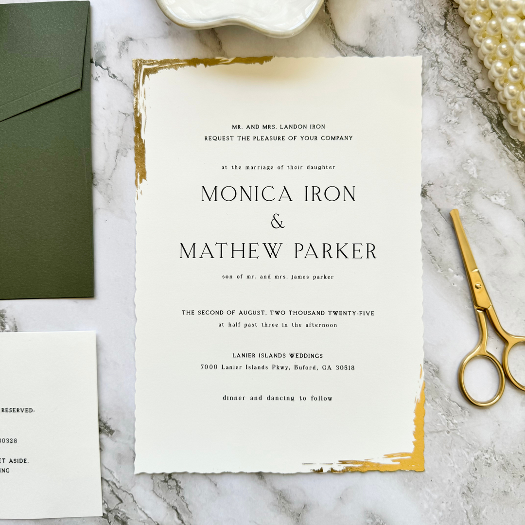 Elegant Wedding Invitation Set with Trendy gold foil wavy cut-edged design, Green Envelope with Custom wax seal, with RSVP and Details card-IS-044