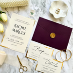 Load image into Gallery viewer, Wedding Invitation Card Set with Timeless Gold Foil edge design- Classic Invite Suite with Plum Purple Envelope- with RSVP and Details Card-IS-049
