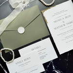 Load image into Gallery viewer, Wedding invitation suite with RSVP and details card - Gold foil details - sage green wedding invitation set with custom seal &#39;Jazmin&#39; SAMPLE-IS-046
