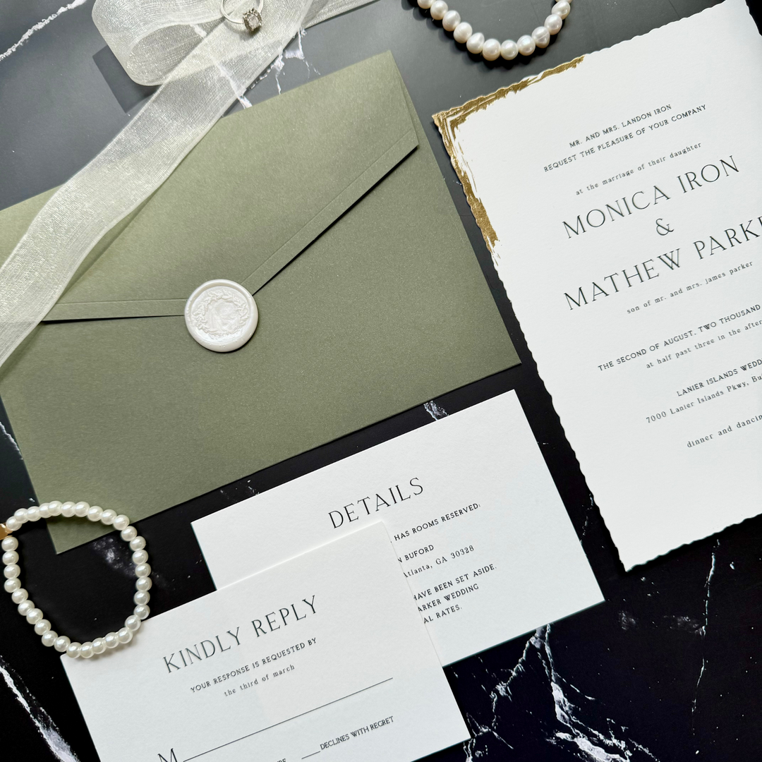 Wedding invitation suite with RSVP and details card - Gold foil details - sage green wedding invitation set with custom seal 'Jazmin' SAMPLE-IS-046