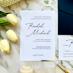 Load image into Gallery viewer, Wedding invitation suite with RSVP and details card - Gold foil details - full navy wedding invitation set with custom seal &#39;Salsa&#39; SAMPLE-IS-052
