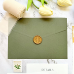 Load image into Gallery viewer, Elegant Wedding Invitation Set with Trendy gold foil wavy cut-edged design, Green Envelope with Custom wax seal, with RSVP and Details card-IS-044
