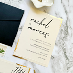 Load image into Gallery viewer, Custom Wedding Invitation Set with Gold Foil wavy-cut edge design- Trendy Invite Suite with Black Envelope- with RSVP and Details Card-IS-047
