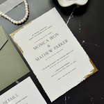 Load image into Gallery viewer, Wedding invitation suite with RSVP and details card - Gold foil details - sage green wedding invitation set with custom seal &#39;Jazmin&#39; SAMPLE-IS-046
