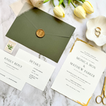 Load image into Gallery viewer, Elegant Wedding Invitation Set with Trendy gold foil wavy cut-edged design, Green Envelope with Custom wax seal, with RSVP and Details card-IS-044
