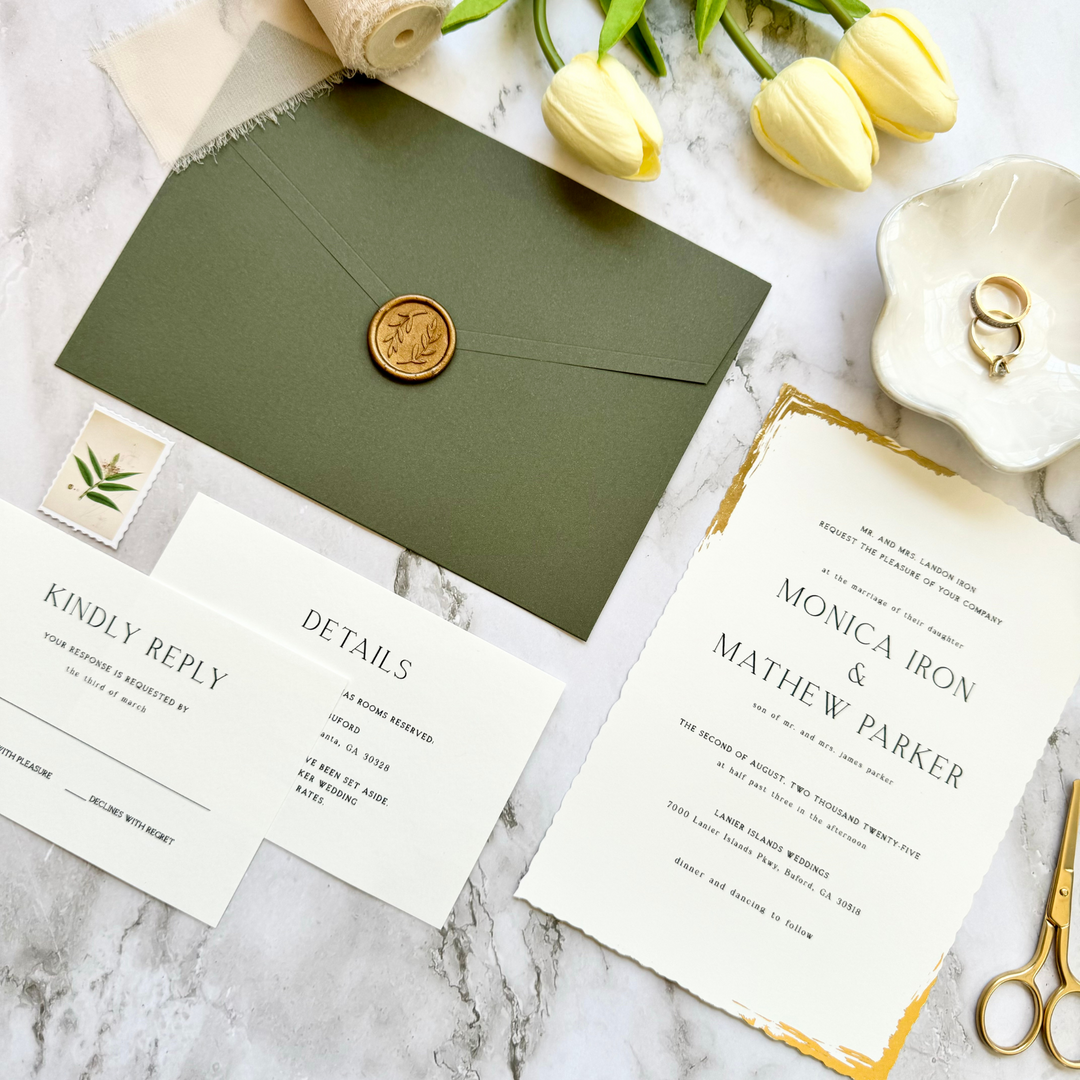 Elegant Wedding Invitation Set with Trendy gold foil wavy cut-edged design, Green Envelope with Custom wax seal, with RSVP and Details card-IS-044