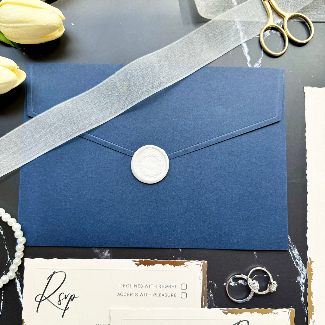 Wedding invitation set with Navy blue envelope, RSVP, Detail Card, and Wax Seal-IS-053