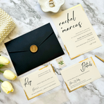 Load image into Gallery viewer, Custom Wedding Invitation Set with Gold Foil wavy-cut edge design- Trendy Invite Suite with Black Envelope- with RSVP and Details Card-IS-047
