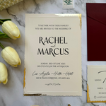 Load image into Gallery viewer, Wedding Invitation Card Set with Gold Foil wavy-cut edge design- Classic Invite Suite with Burgundy Envelope- with RSVP and Details Card-IS-048
