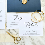 Load image into Gallery viewer, Wedding invitation suite with RSVP and details card - Gold foil details - full navy wedding invitation set with custom seal &#39;Salsa&#39; SAMPLE-IS-052
