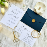 Load image into Gallery viewer, Wedding invitation suite with RSVP and details card - Gold foil details - full navy wedding invitation set with custom seal &#39;Salsa&#39; SAMPLE-IS-052
