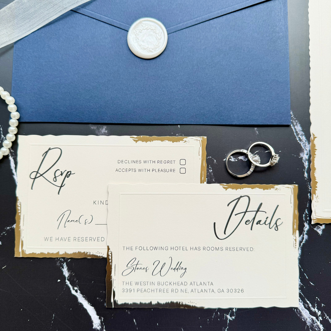 Wedding invitation set with Navy blue envelope, RSVP, Detail Card, and Wax Seal-IS-053