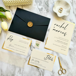 Load image into Gallery viewer, Custom Wedding Invitation Set with Gold Foil wavy-cut edge design- Trendy Invite Suite with Black Envelope- with RSVP and Details Card-IS-047
