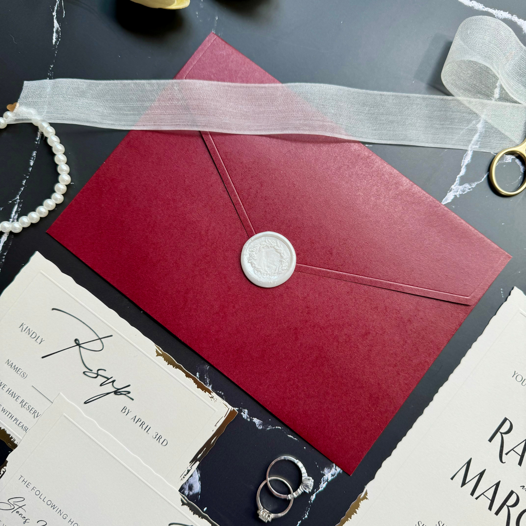 Wedding invite card set with an elegant design, wax seal, Burgundy invitation envelope, RSVP, and details card-IS-050