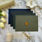 Load image into Gallery viewer, Wedding invitation suite with RSVP and details card - Gold foil details - full navy wedding invitation set with custom seal &#39;Salsa&#39; SAMPLE-IS-052
