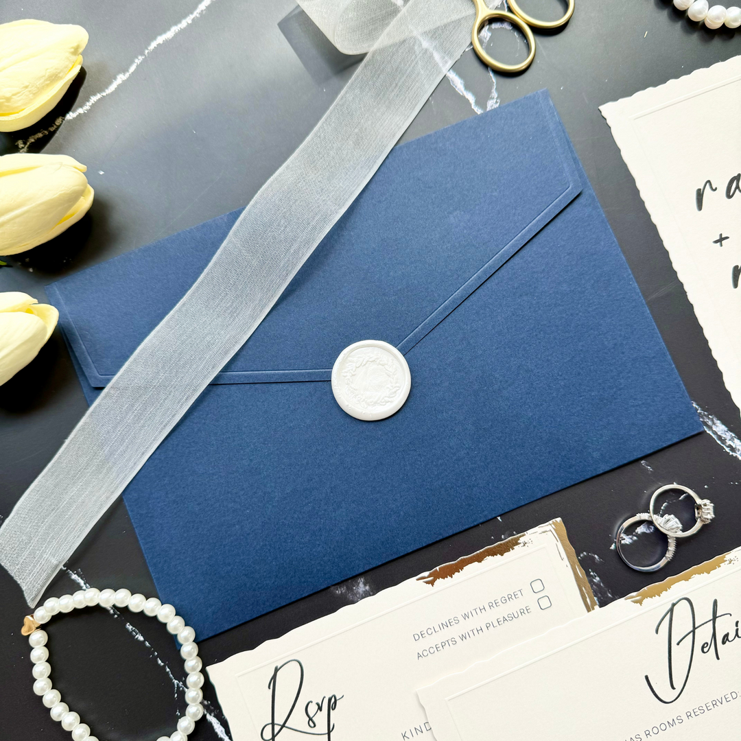 Wedding invitation set with Navy blue envelope, RSVP, Detail Card, and Wax Seal-IS-053