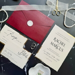 Load image into Gallery viewer, Wedding invite card set with an elegant design, wax seal, Burgundy invitation envelope, RSVP, and details card-IS-050
