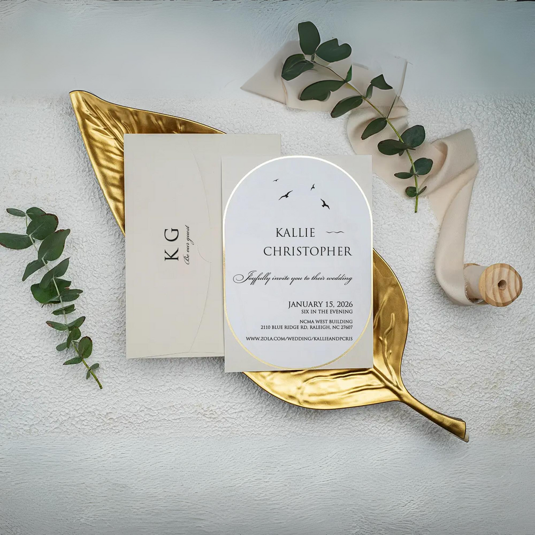 Bird Detail Modern Wedding Invitation - Elegant Wedding Invitation with Gold Foil Ribbon - IS-028