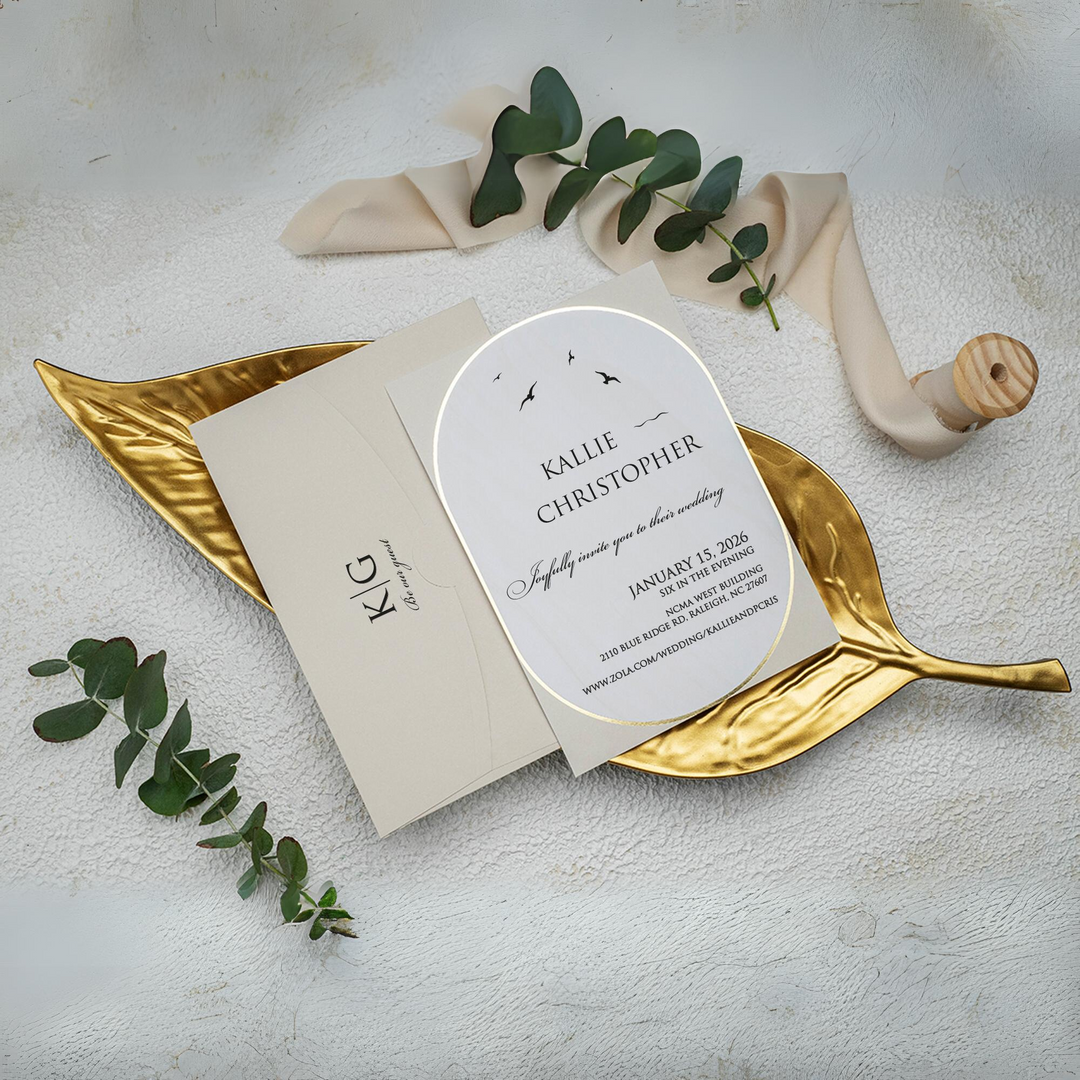 Bird Detail Modern Wedding Invitation - Elegant Wedding Invitation with Gold Foil Ribbon - IS-028