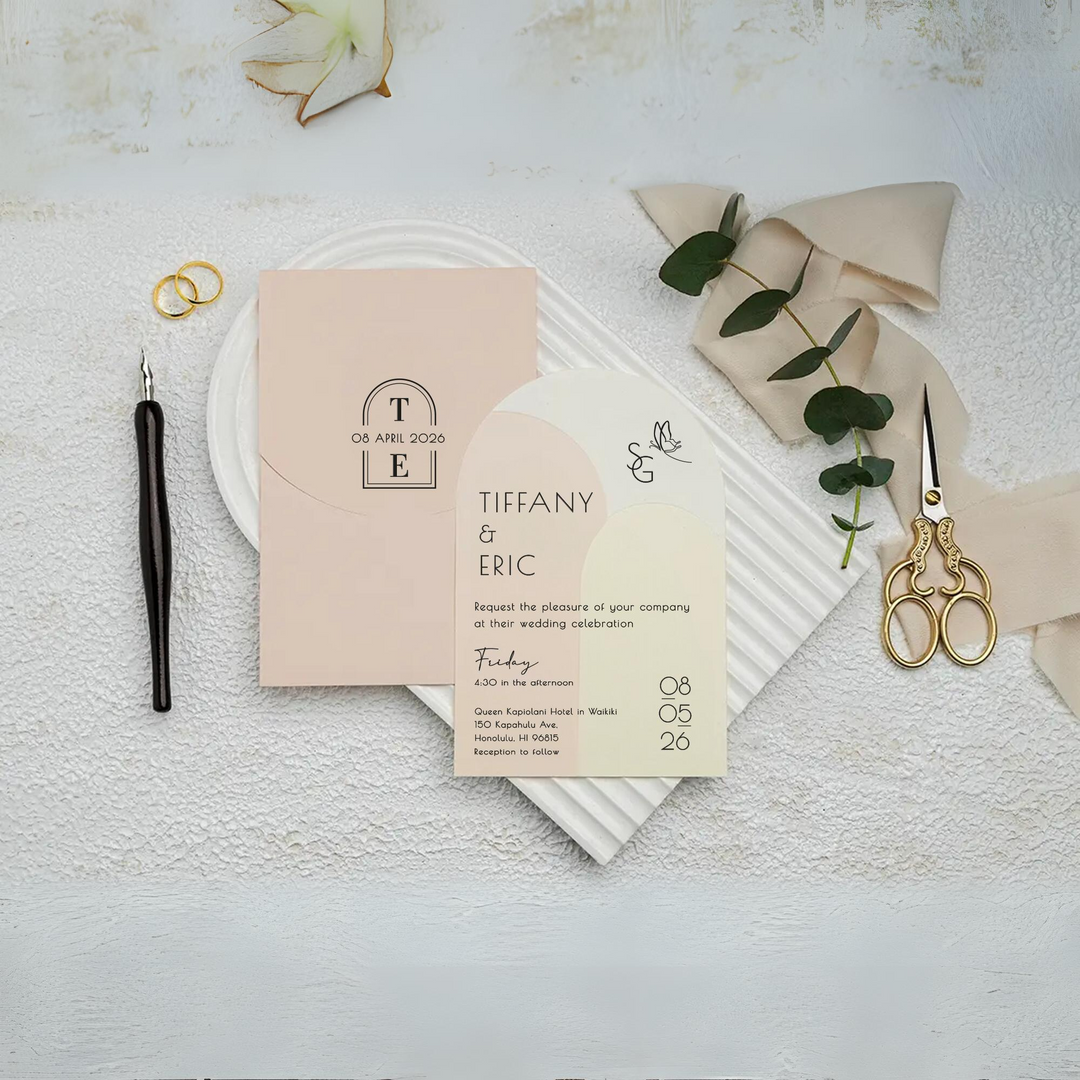 Bird Detail Tri-Colored Invitation - Modern Designed Wedding Invitation - Pink Envelope-IS-035