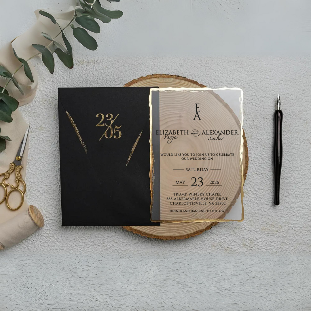 Gold Framed Frosted Acrylic Wedding Invitation - Unique Harmony of Black and Gold - With Gold Edge Touches on Black Envelopes-IS-039