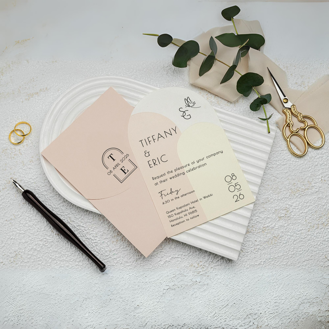 Bird Detail Tri-Colored Invitation - Modern Designed Wedding Invitation - Pink Envelope-IS-035