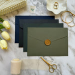 Load image into Gallery viewer, Elegant Wedding Invitation Set with Trendy gold foil wavy cut-edged design, Green Envelope with Custom wax seal, with RSVP and Details card-IS-044
