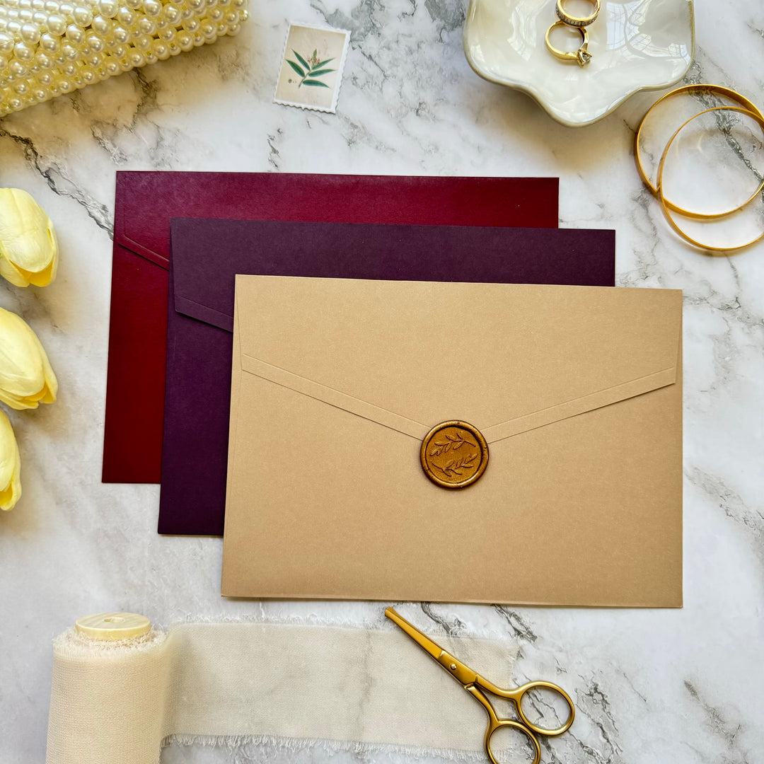 Elegant Wedding Invitation Set with Trendy gold foil wavy cut-edged design, Green Envelope with Custom wax seal, with RSVP and Details card-IS-044