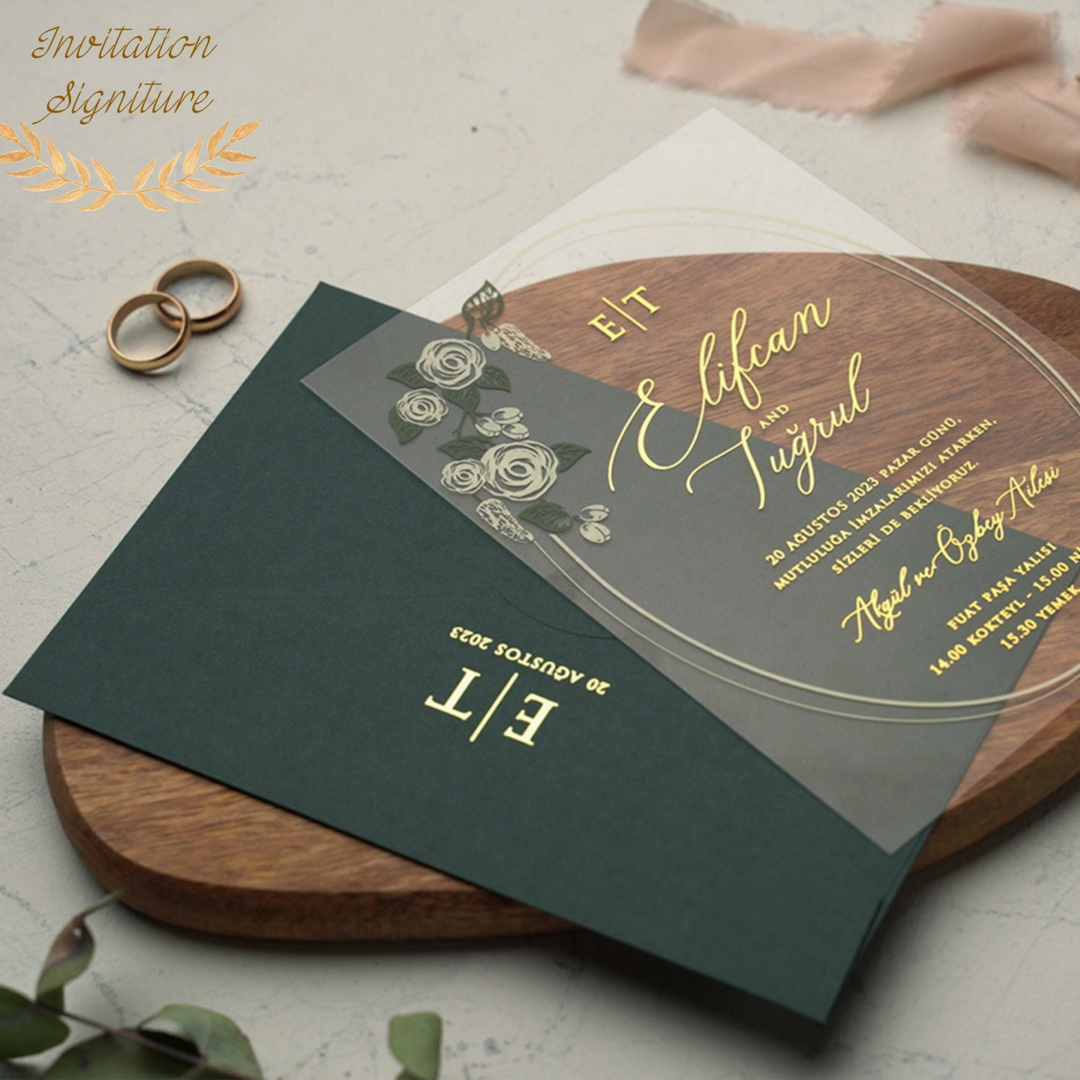 Acrylic Wedding Invitation Gold Foil Clear Green Botanical Floral Roses Design Elegant Spring Wedding Marriage Invite Envelope - Reception - IS-004