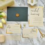 Load image into Gallery viewer, Trendy Wedding Invitation Set with Gold Foil wavy-cut edge design- Classic Invite Suite with EveryGreen Envelope- with RSVP and Details Card-IS-051
